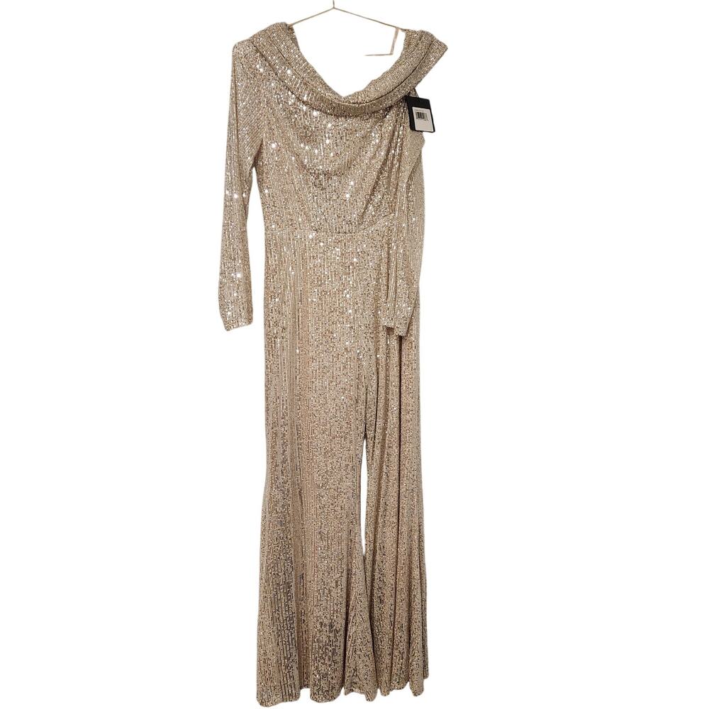 Mac Duggal Sequined Drop shoulder long sleeve gold jumpsuit size 10 - Picture 3 of 8